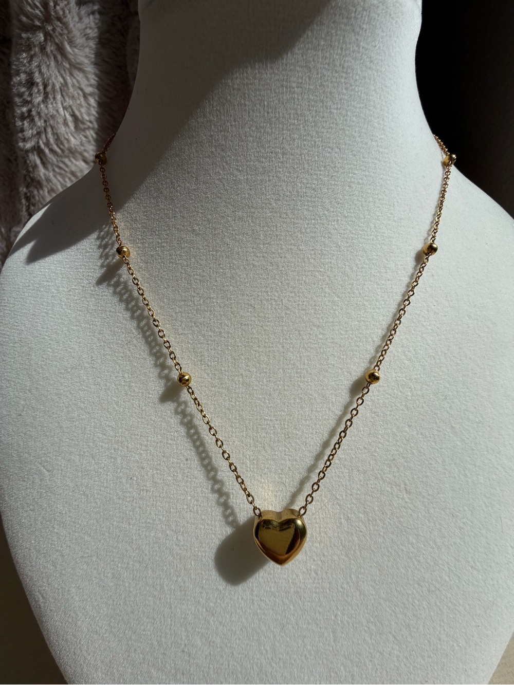 18K Gold Plated Puffy Heart Pendant Necklace Beaded Satellite Chain